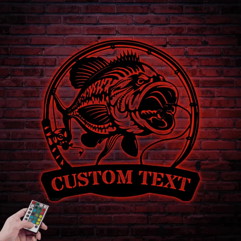 Custom Largemouth Bass Fishing Metal Sign Led Lights, Personalized Fisher Name Sign Home Decor Kid Boy Girl Nursery Decoration Birthday