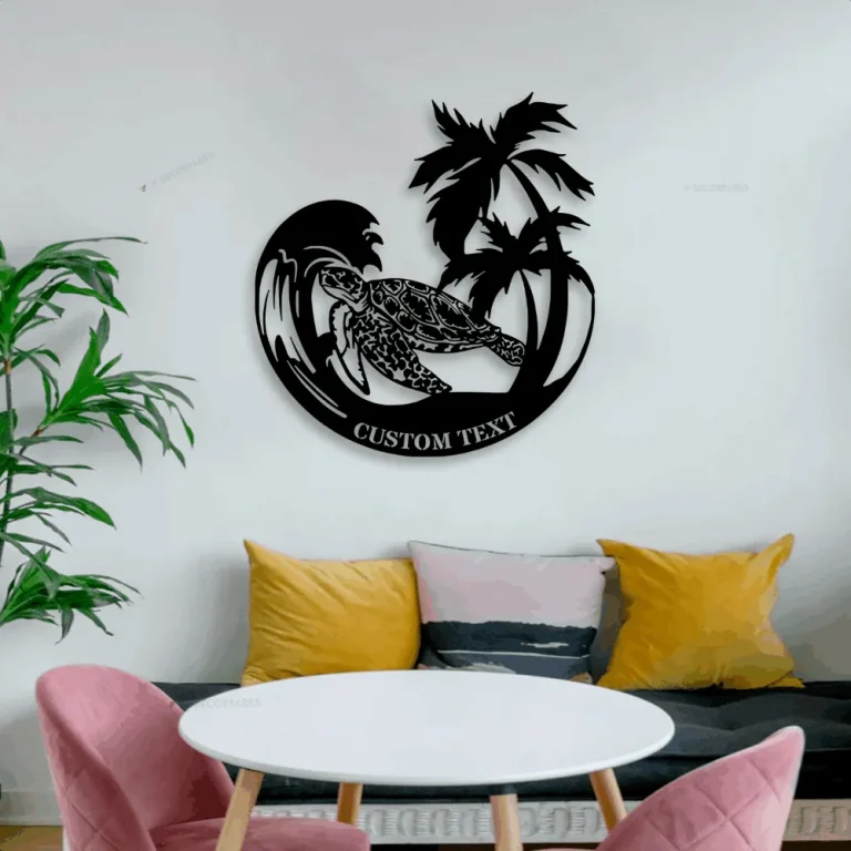 Custom Mandala Sea Turtle Palm Tree Metal Sign Led Lights, Personalized Marine Turtle Lover Name Sign Home Decor Beach Turtle Kid Nursery