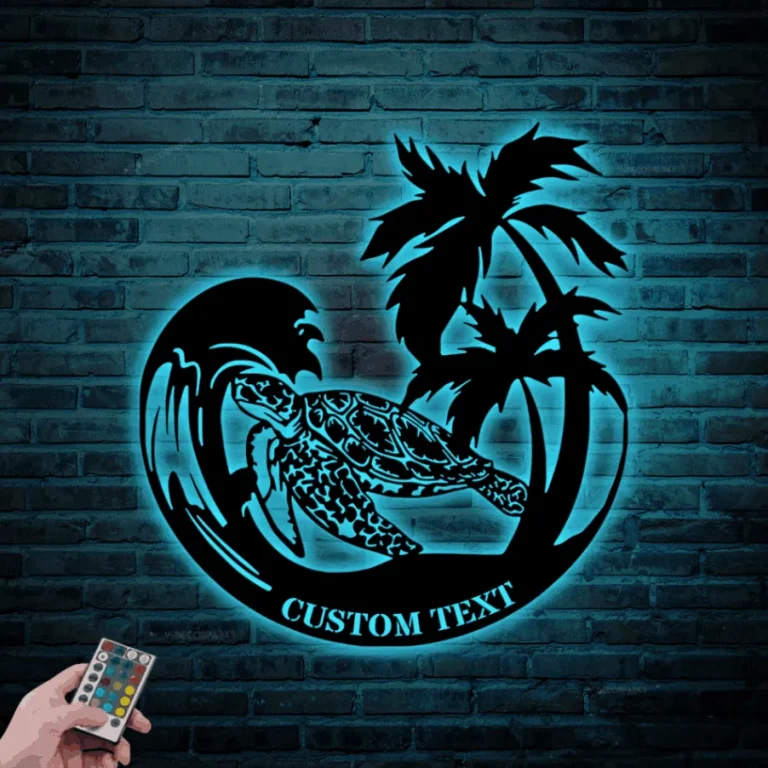 Custom Mandala Sea Turtle Palm Tree Metal Sign Led Lights, Personalized Marine Turtle Lover Name Sign Home Decor Beach Turtle Kid Nursery