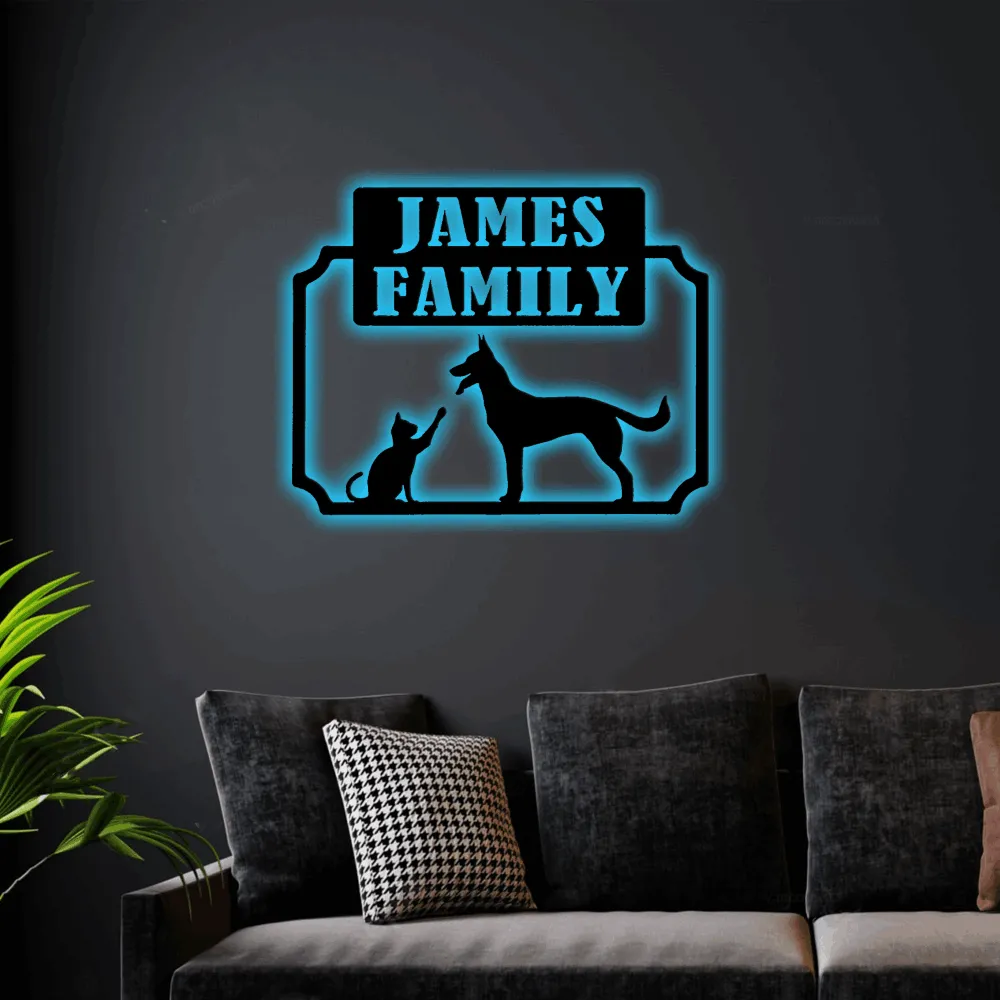 Custom Metal Address Sign Led Lights, , Cat And Dog Sign, Housewarming Gift, Cat Sign,dog Sign,custom Metal Sign,outdoor Decor, Wall Sign