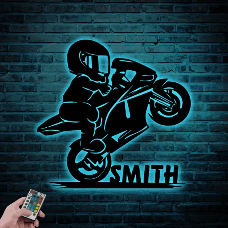 Custom Motocross Biker Kids Metal Sign Led Lights, Personalized Little Dirt Bike Boy Name Sign Home Motorcycle Racing Big Bike Rider Decor