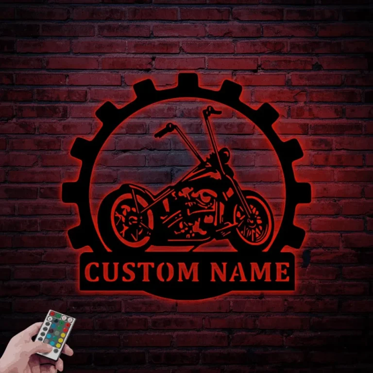 Custom Motorcycle Garage Metal Wall Art With Led Lights, Personalized Motorcycle Metal Sign, Motorcycle Art, Bike Lover Gift Last Name Plaque