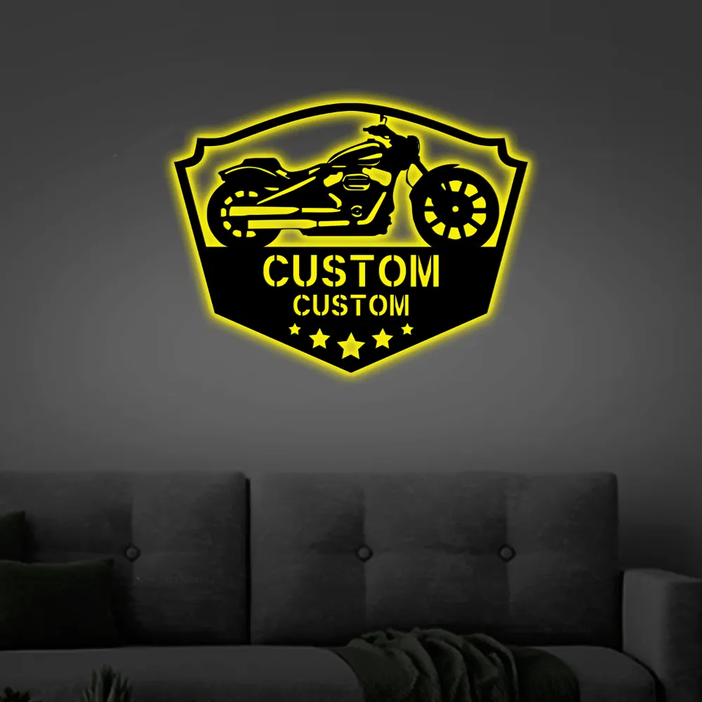 Custom Motorcycle Sign With Led Lights, Gift For Garage Owner Chopper Shop Monogram Steel Sign, Custom Name Monogram Steel Wall Art Decor