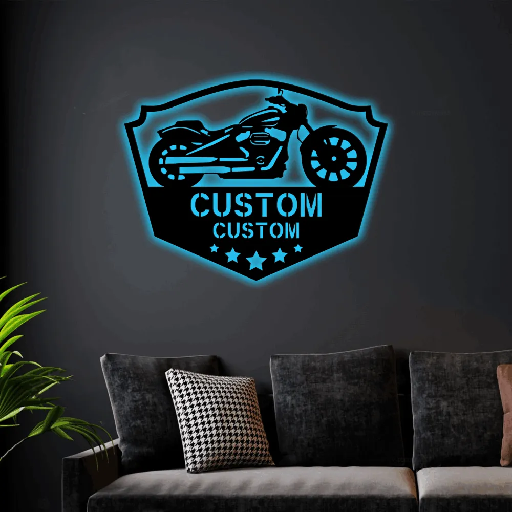 Custom Motorcycle Sign With Led Lights, Gift For Garage Owner Chopper Shop Monogram Steel Sign, Custom Name Monogram Steel Wall Art Decor