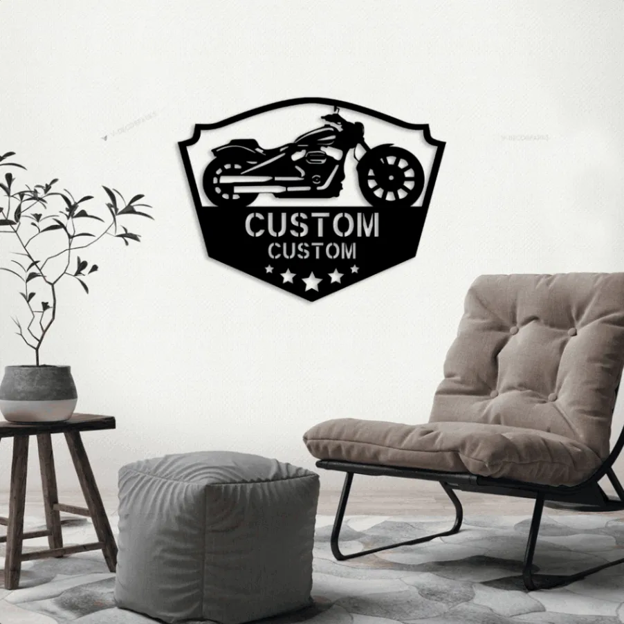 Custom Motorcycle Sign With Led Lights, Gift For Garage Owner Chopper Shop Monogram Steel Sign, Custom Name Monogram Steel Wall Art Decor