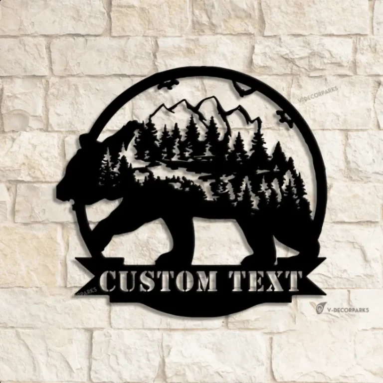 Custom Mountain Bear Metal Wall Art Led Light, Personalized Bear And Forest Sign, Home Decor, Trees Grizzly Bear Wall Art, Housewarming Gift