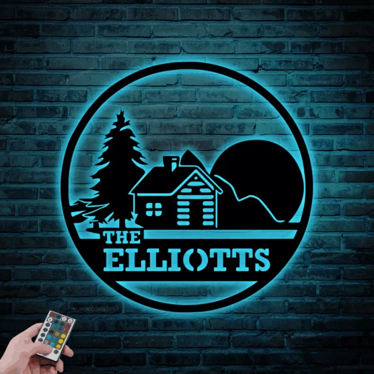 Custom Moutain Forest Cabin Metal Sign Led Lights, Personalized Welcome Family Name Cottage Sign Home Decor Family Logge Decoration