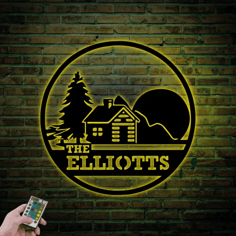 Custom Moutain Forest Cabin Metal Sign Led Lights, Personalized Welcome Family Name Cottage Sign Home Decor Family Logge Decoration