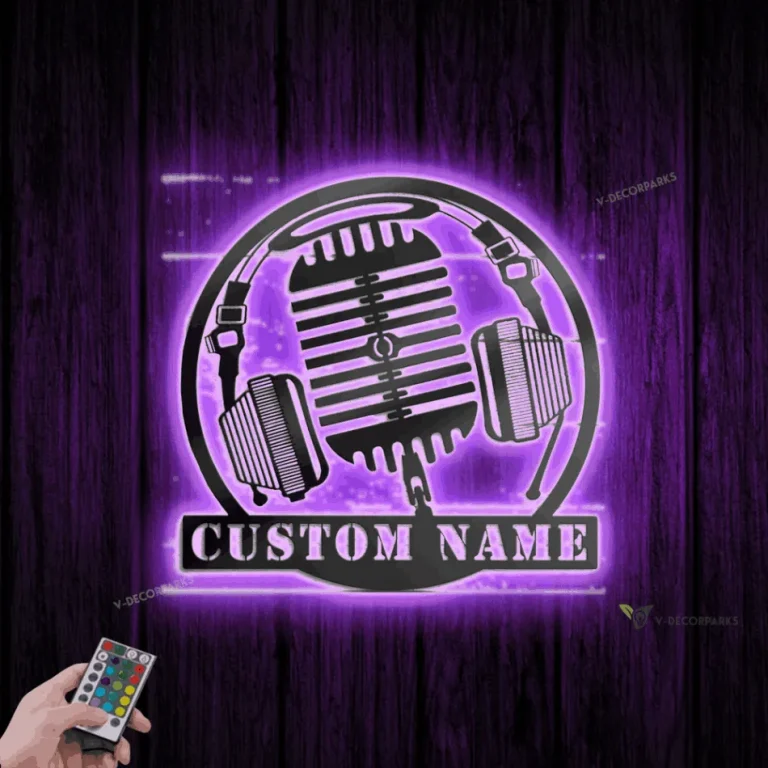 Custom Music Audio Studio Metal Wall Art Led Light, Personalized Microphone Headphones Name Sign, Musical Musician Room Decor, Gift For Singer