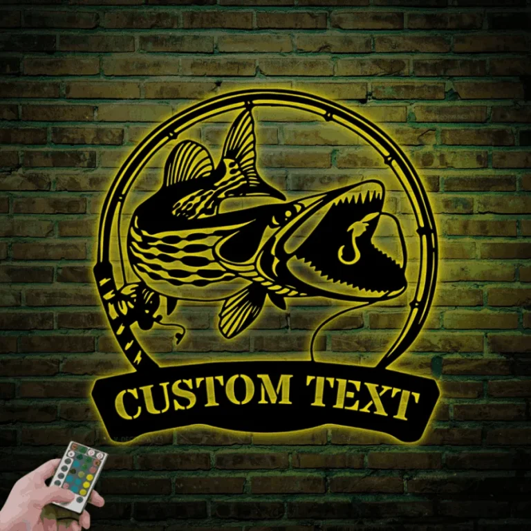 Custom Muskellunge Fishing Metal Sign Led Lights, Personalized Fisher Name Sign Home Decor Kid Boy Girl Nursery Decoration Birthday