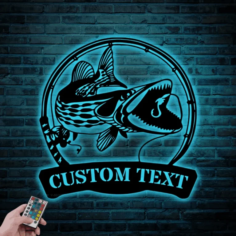 Custom Muskellunge Fishing Metal Sign Led Lights, Personalized Fisher Name Sign Home Decor Kid Boy Girl Nursery Decoration Birthday