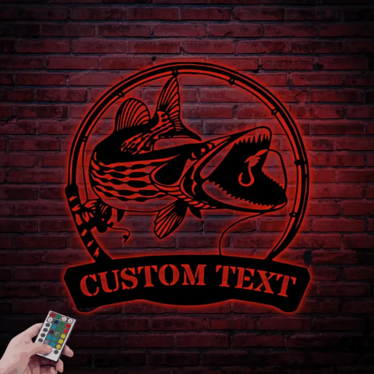 Custom Muskellunge Fishing Metal Sign Led Lights, Personalized Fisher Name Sign Home Decor Kid Boy Girl Nursery Decoration Birthday