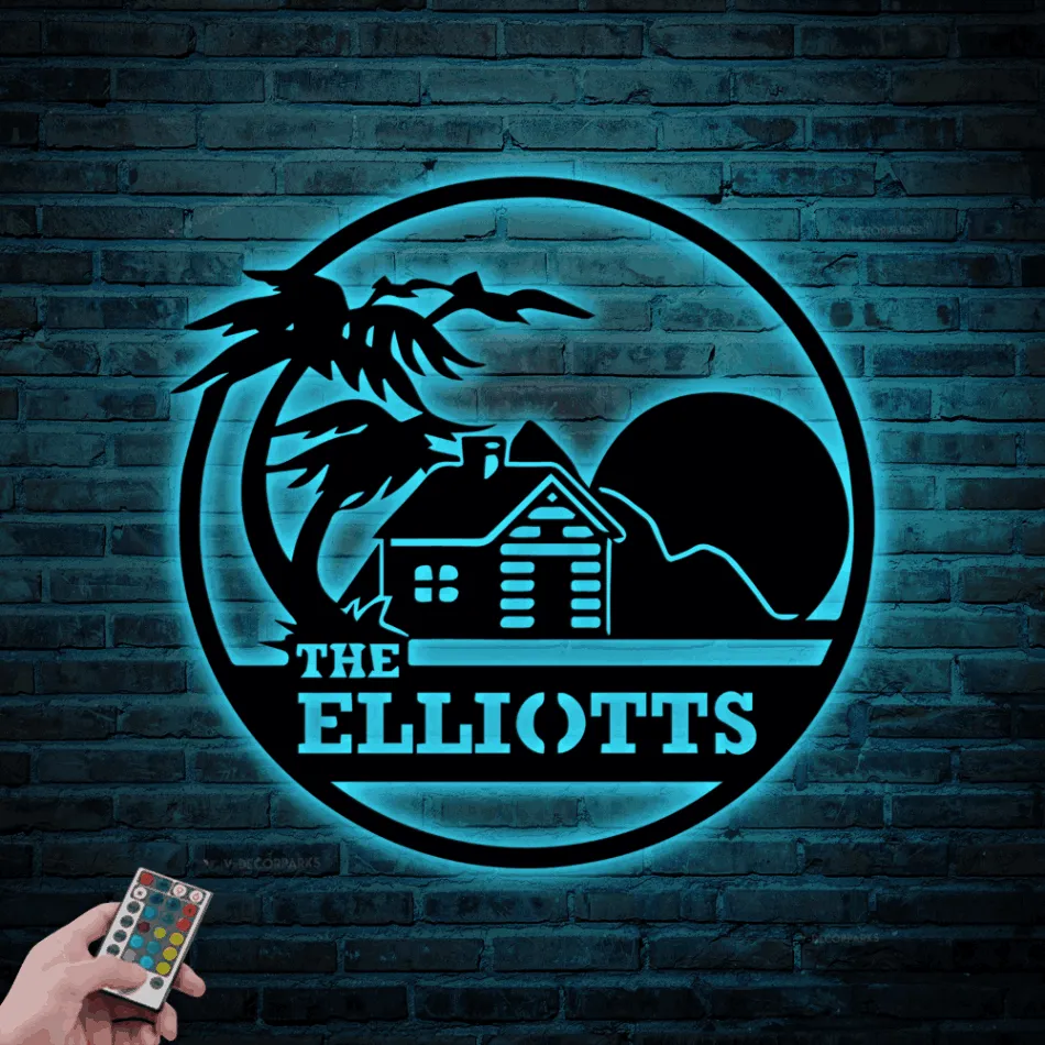 Custom Palm Tree Cabin Metal Sign Led Lights, Personalized Welcome Family Name Cottage Sign Home Decor Family Logge Decoration