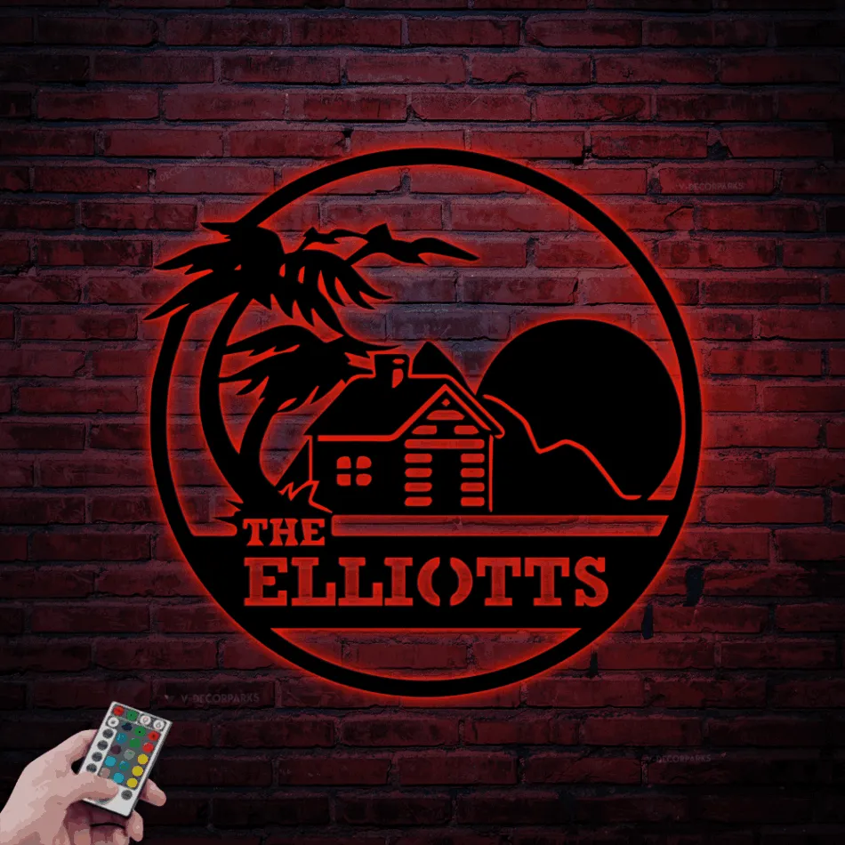 Custom Palm Tree Cabin Metal Sign Led Lights, Personalized Welcome Family Name Cottage Sign Home Decor Family Logge Decoration