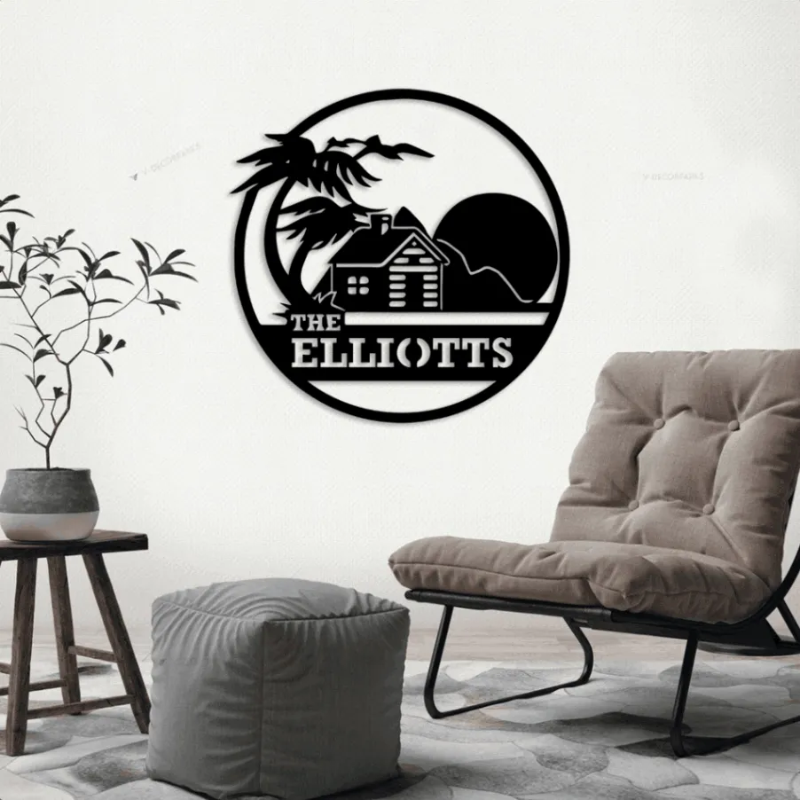 Custom Palm Tree Cabin Metal Sign Led Lights, Personalized Welcome Family Name Cottage Sign Home Decor Family Logge Decoration