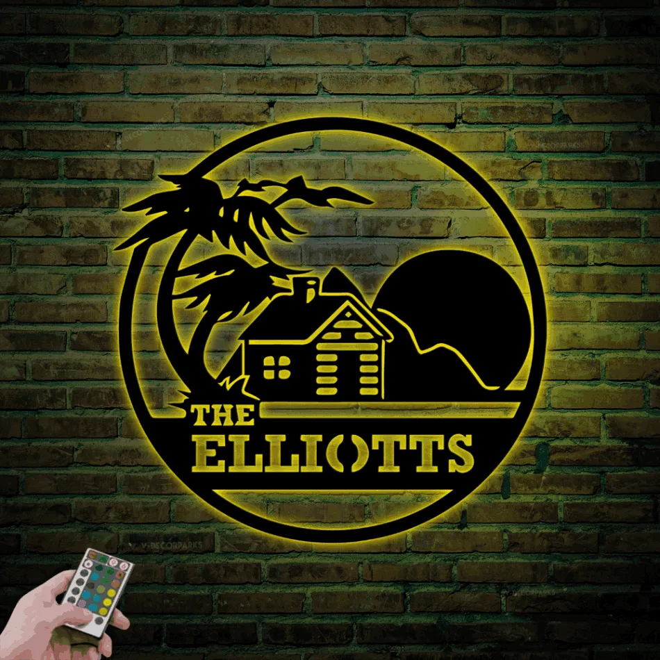 Custom Palm Tree Cabin Metal Sign Led Lights, Personalized Welcome Family Name Cottage Sign Home Decor Family Logge Decoration