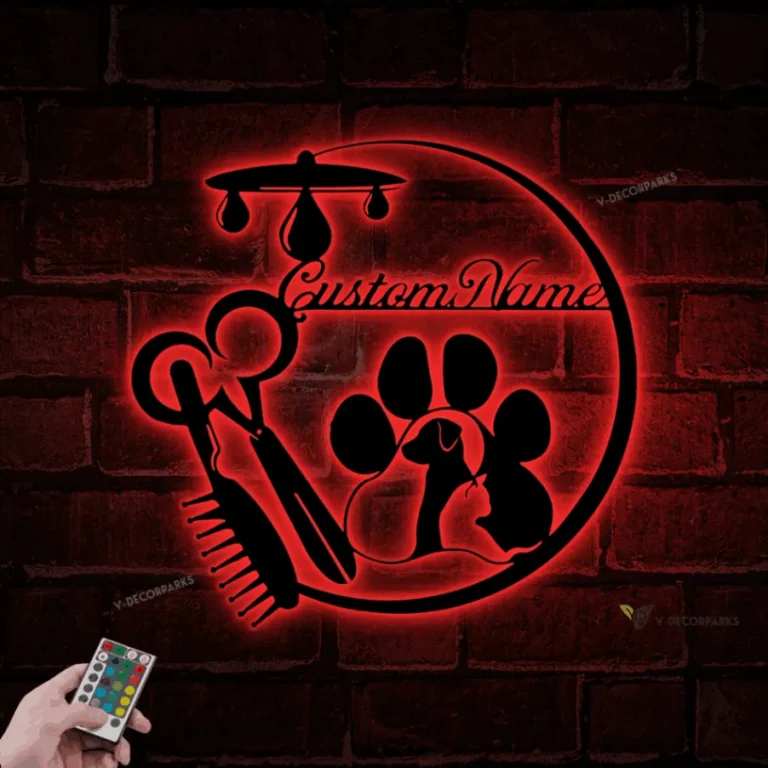 Custom Pet Grooming Hair Salon Metal Sign With Led Light, Personalized Groomer Name Sign, Animal Barber Shop Decor, Pet Salon Sign