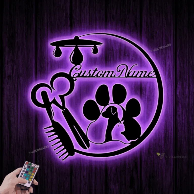 Custom Pet Grooming Hair Salon Metal Sign With Led Light, Personalized Groomer Name Sign, Animal Barber Shop Decor, Pet Salon Sign