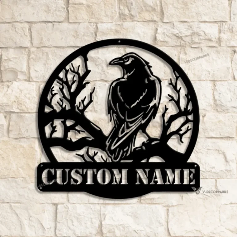 Custom Raven Metal Wall Art With Led Light, Raven Wall Art, Personalized Crow Moon Name Sign, Black Horror Bird Decoration, Man Cave Hanging Door