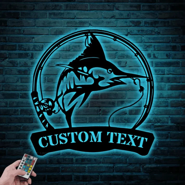 Custom Sailfish Fishing Metal Sign Led Lights, Personalized Fisher Name Sign Home Decor Kid Boy Girl Nursery Decoration Birthday