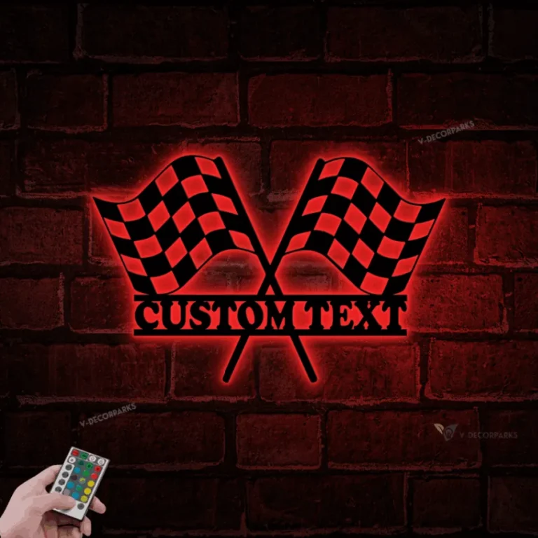 Custom Start Finish Racing Flag Metal Wall Art Led Light, Personalized Race Checkered Flag Name Sign, Checker Topper Decoration, Racing Lover Gift
