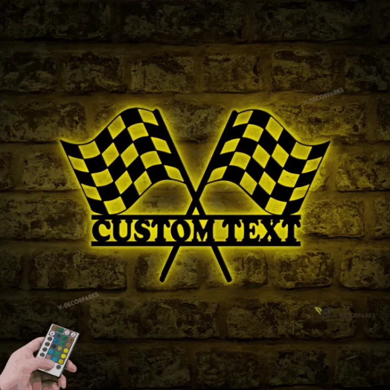 Custom Start Finish Racing Flag Metal Wall Art Led Light, Personalized Race Checkered Flag Name Sign, Checker Topper Decoration, Racing Lover Gift