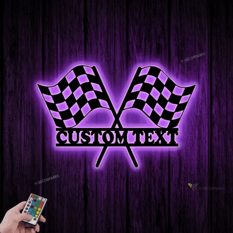 Custom Start Finish Racing Flag Metal Wall Art Led Light, Personalized Race Checkered Flag Name Sign, Checker Topper Decoration, Racing Lover Gift
