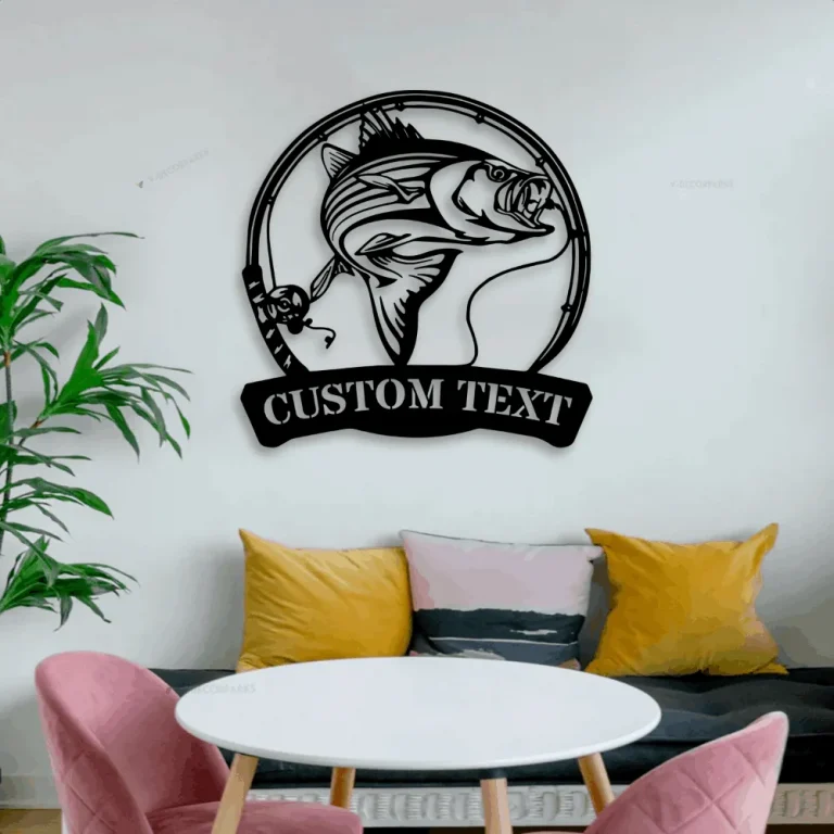 Custom Striped Bass Fishing Metal Sign Led Lights, Personalized Fisher Name Sign Home Decor Boy Girl Nursery Decoration Birthday