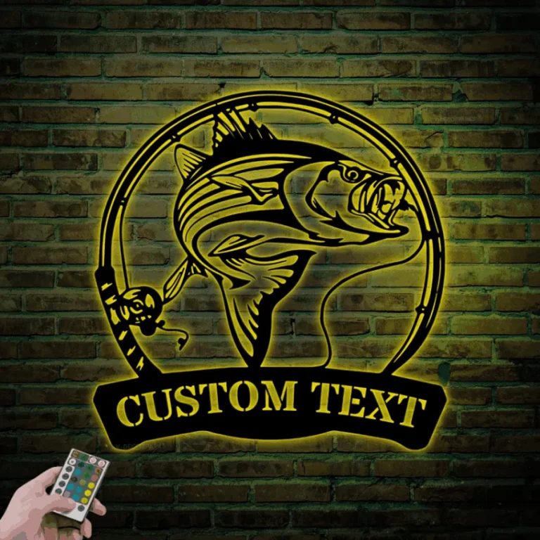 Custom Striped Bass Fishing Metal Sign Led Lights, Personalized Fisher Name Sign Home Decor Boy Girl Nursery Decoration Birthday