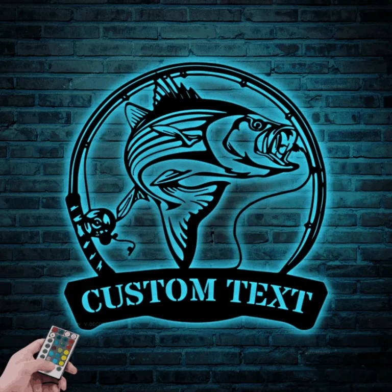 Custom Striped Bass Fishing Metal Sign Led Lights, Personalized Fisher Name Sign Home Decor Boy Girl Nursery Decoration Birthday