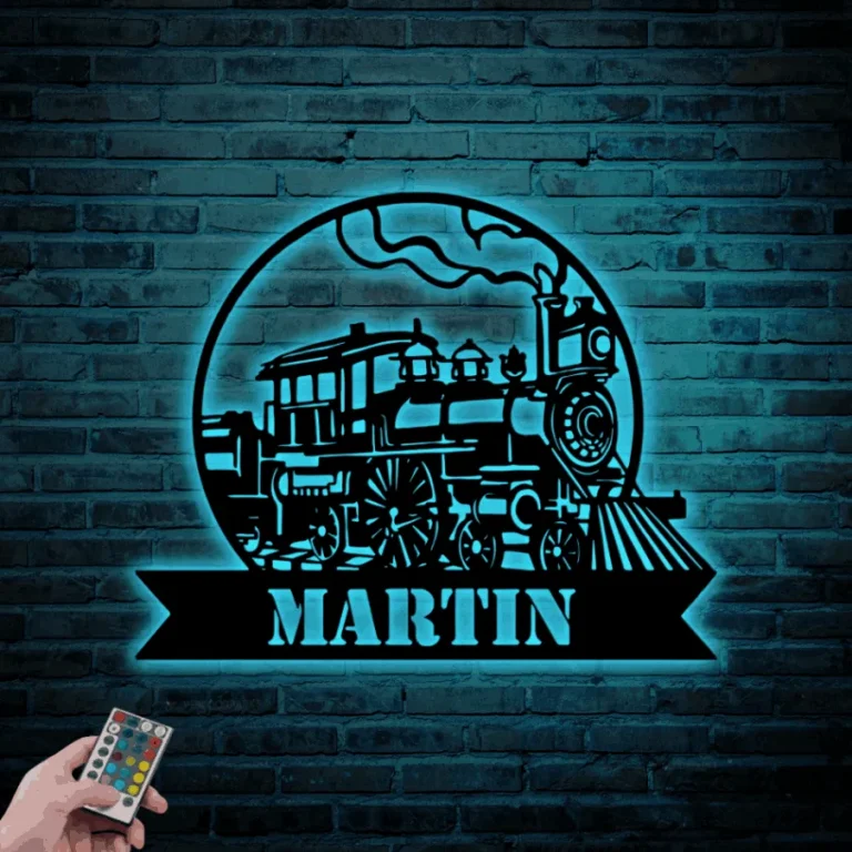 Custom Train Metal Sign With Led Lights, Metal Wall Decor Personalized Train Sign Railroad Sign Railway Sign Train Decor Train Name Sign Gift For Him