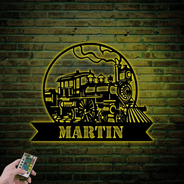 Custom Train Metal Sign With Led Lights, Metal Wall Decor Personalized Train Sign Railroad Sign Railway Sign Train Decor Train Name Sign Gift For Him