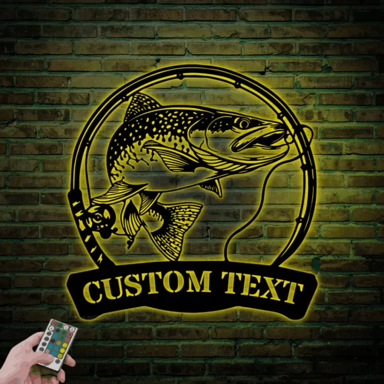 Custom Trout Fishing Metal Sign Led Lights, Personalized Fisher Name Sign Home Decor Boy Girl Nursery Decoration Birthday