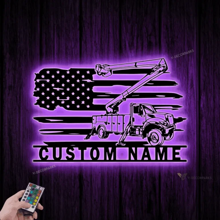 Custom Us Lineman Bucket Truck Driver Metal Sign Led Light, Personalized Trucker Name Sign, Heavy Equipment Decoration, Father's Day Gift