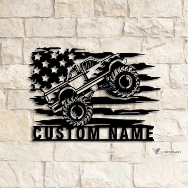 Custom Us Monster Truck Driver Metal Wall Art Led Light, Personalized Fire Flame Off Road Vehicle Name Sign, Home Decor, Monster Truck Driver Gift