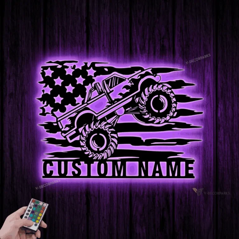 Custom Us Monster Truck Driver Metal Wall Art Led Light, Personalized Fire Flame Off Road Vehicle Name Sign, Home Decor, Monster Truck Driver Gift