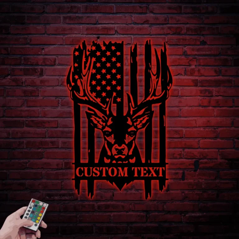 Custom Us Patriotic Deer Hunting Metal Sign Led Lights, Personalized American Buck Head Hunter Name Sign Home Decor Usa Flag Antler Cabin