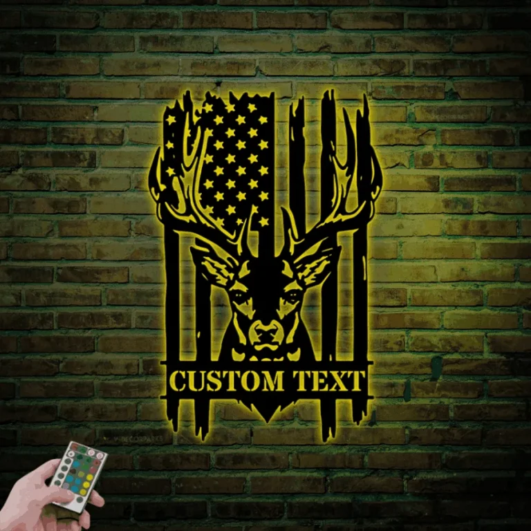 Custom Us Patriotic Deer Hunting Metal Sign Led Lights, Personalized American Buck Head Hunter Name Sign Home Decor Usa Flag Antler Cabin