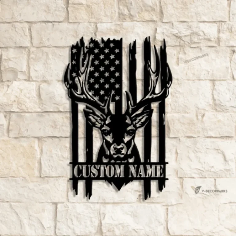 Custom Us Patriotic Deer Hunting Metal Wall Art Led Light, Personalized American Buck Head Hunter Name Sign, Home Decor, Usa Flag Antler Cabin Sign