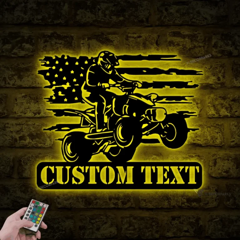 Custom Us Quad Biker Metal Wall Art Led Light, Personalized Dirt Bike Name Sign, All Terrain Vehicle Atv 4 Wheels Home Decor, Rider Decoration