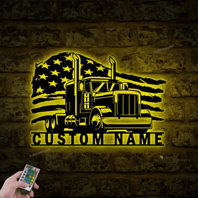 Custom Us Semi Truck Driver Metal Wall Art Led Light Personalized Trucker Name Sign Home Decor 18 Wheeler Decoration Birthday Xmas Dad Gifts1