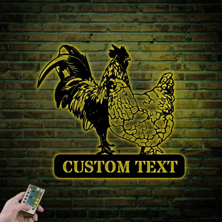 Custom Valentine Couple Chicken Love Farmhouse Metal Sign Led Lights, Personalized Chicken Coop Sign Decor Rooster Hen Barn Poultry Farm