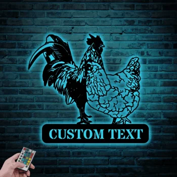 Custom Valentine Couple Chicken Love Farmhouse Metal Sign Led Lights, Personalized Chicken Coop Sign Decor Rooster Hen Barn Poultry Farm