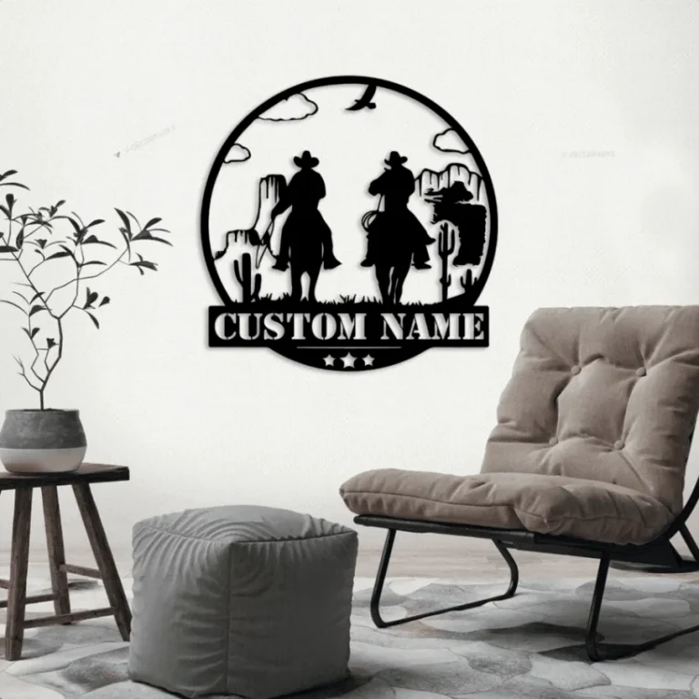 Custom Western Cowboy Texas Metal Sign Led Lights, Personalized Dallas Cowboy Riding Horse Name Sign Home Decor Saguaro Desert Decoration