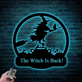 Custom Witch Sign With Led Lights, Personalized Halloween Metal Sign Spooky Witch Metal Wall Art Halloween Decor Outdoor Halloween Gifts