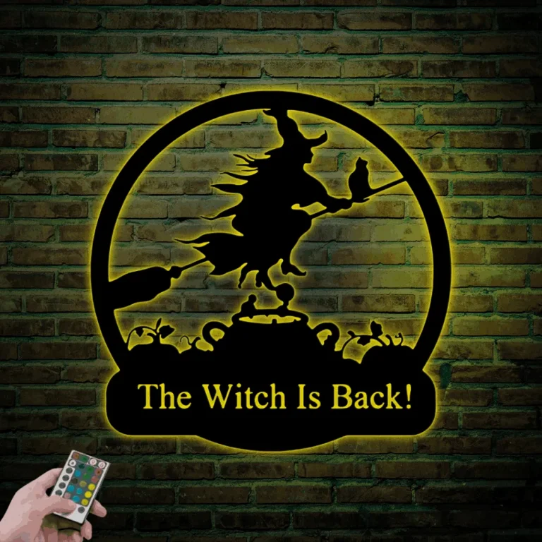 Custom Witch Sign With Led Lights, Personalized Halloween Metal Sign Spooky Witch Metal Wall Art Halloween Decor Outdoor Halloween Gifts