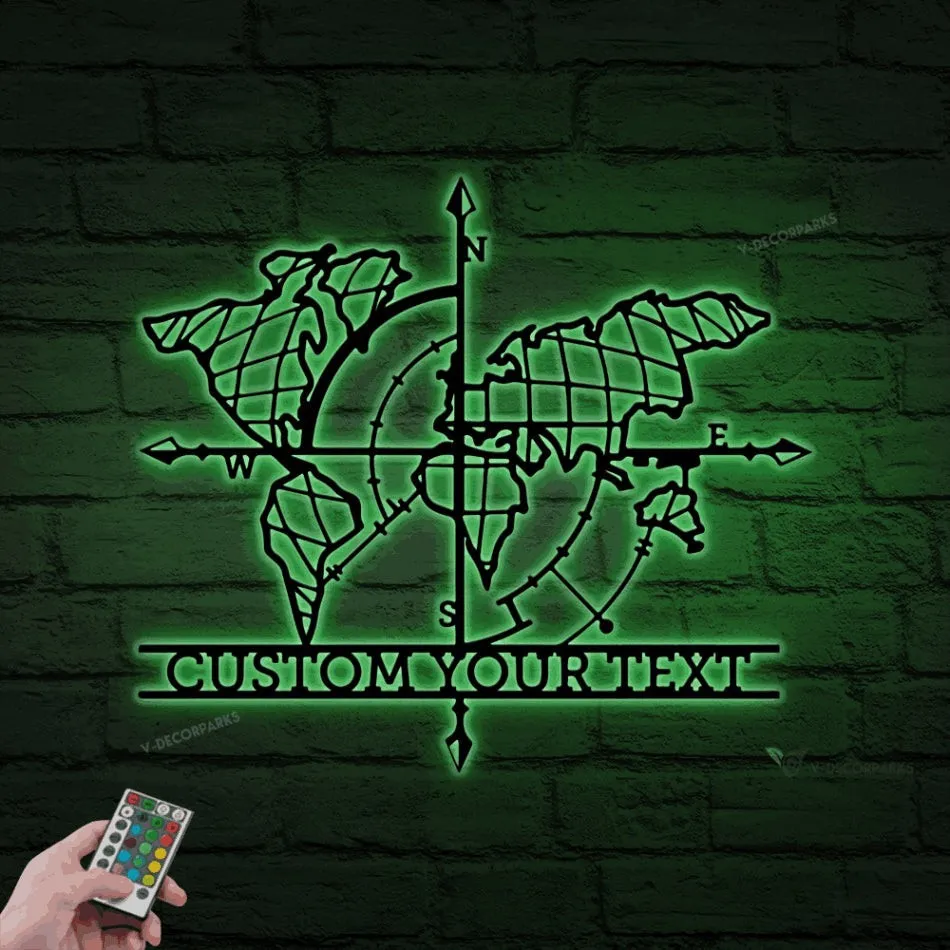 Custom World Map Compass Metal Wall With Led Lights, Modern Wall Art, World Map And Compass Themed Wall Decor, Travel Map, Home Decor