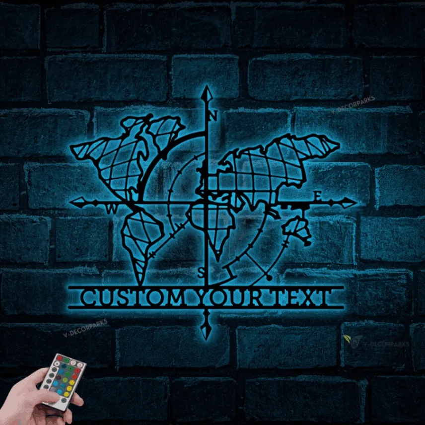 Custom World Map Compass Metal Wall With Led Lights, Modern Wall Art, World Map And Compass Themed Wall Decor, Travel Map, Home Decor