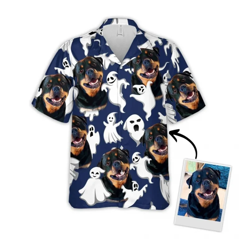 Custom Hawaiian Shirt With Pet Face, Personalized Gift For Pet Lovers, Funny Ghost Pattern Navy Color Aloha Shirt