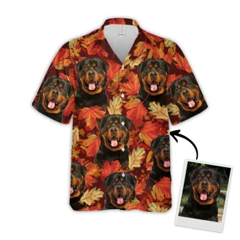 Custom Hawaiian Shirt With Pet Face, Personalized Gift For Pet Lovers, Leaves Pattern Red Color Aloha Shirt